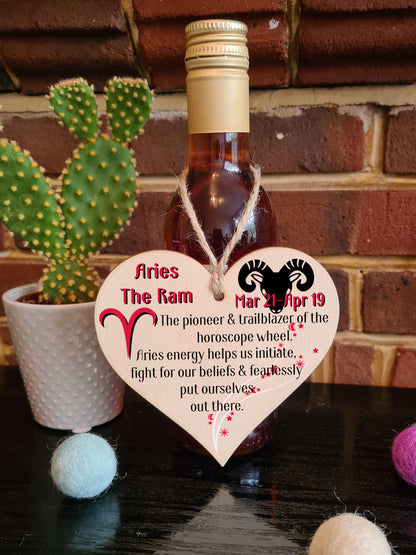 Handmade Wooden Hanging Heart Plaque Gift Signs of the Zodiac Aries Astrological Star Sign Keepsake Card Alternative