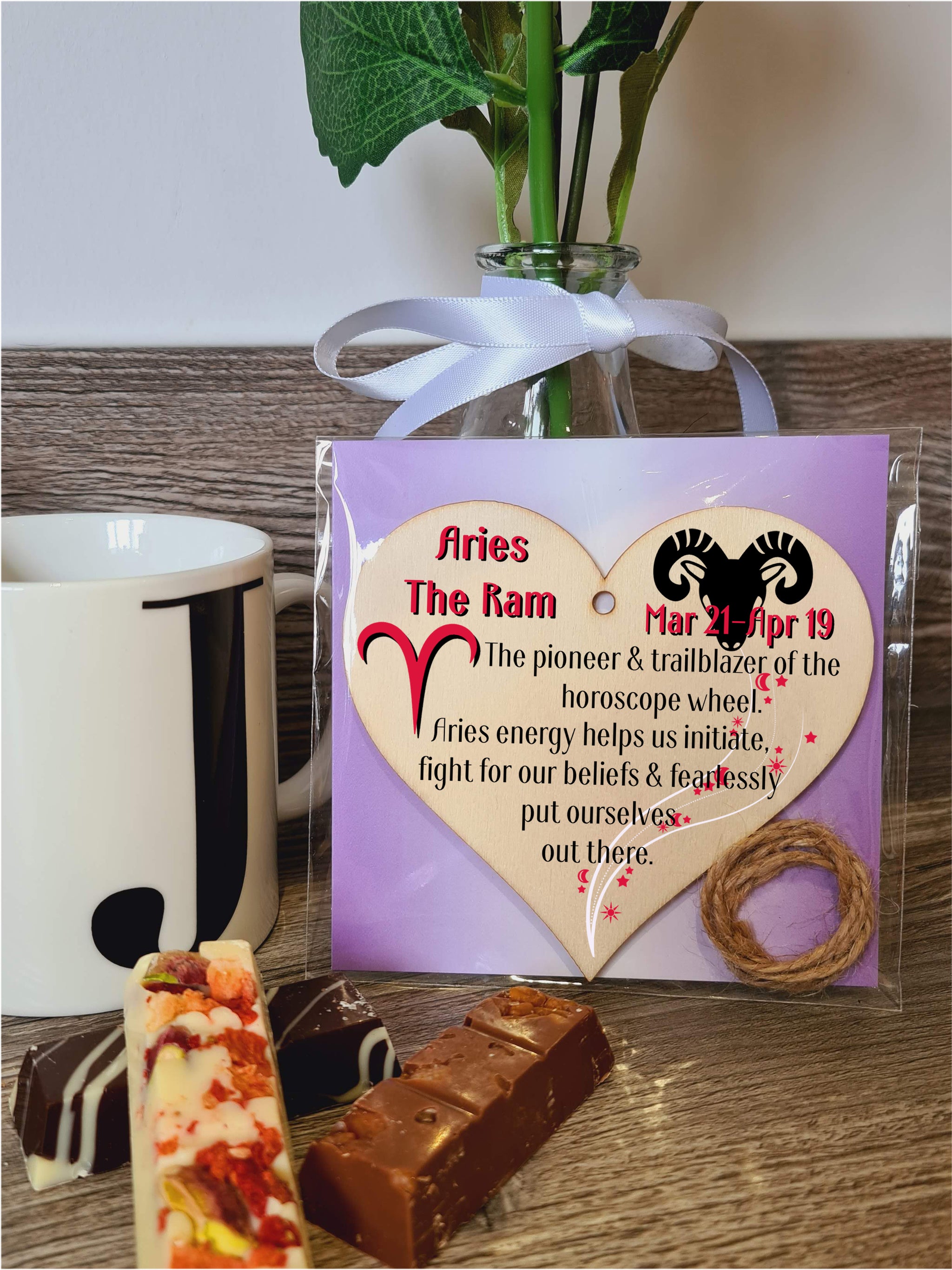 Handmade Wooden Hanging Heart Plaque Gift Signs of the Zodiac Aries Astrological Star Sign Keepsake Card Alternative