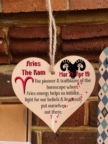 Handmade Wooden Hanging Heart Plaque Gift Signs of the Zodiac Aries Astrological Star Sign Keepsake Card Alternative