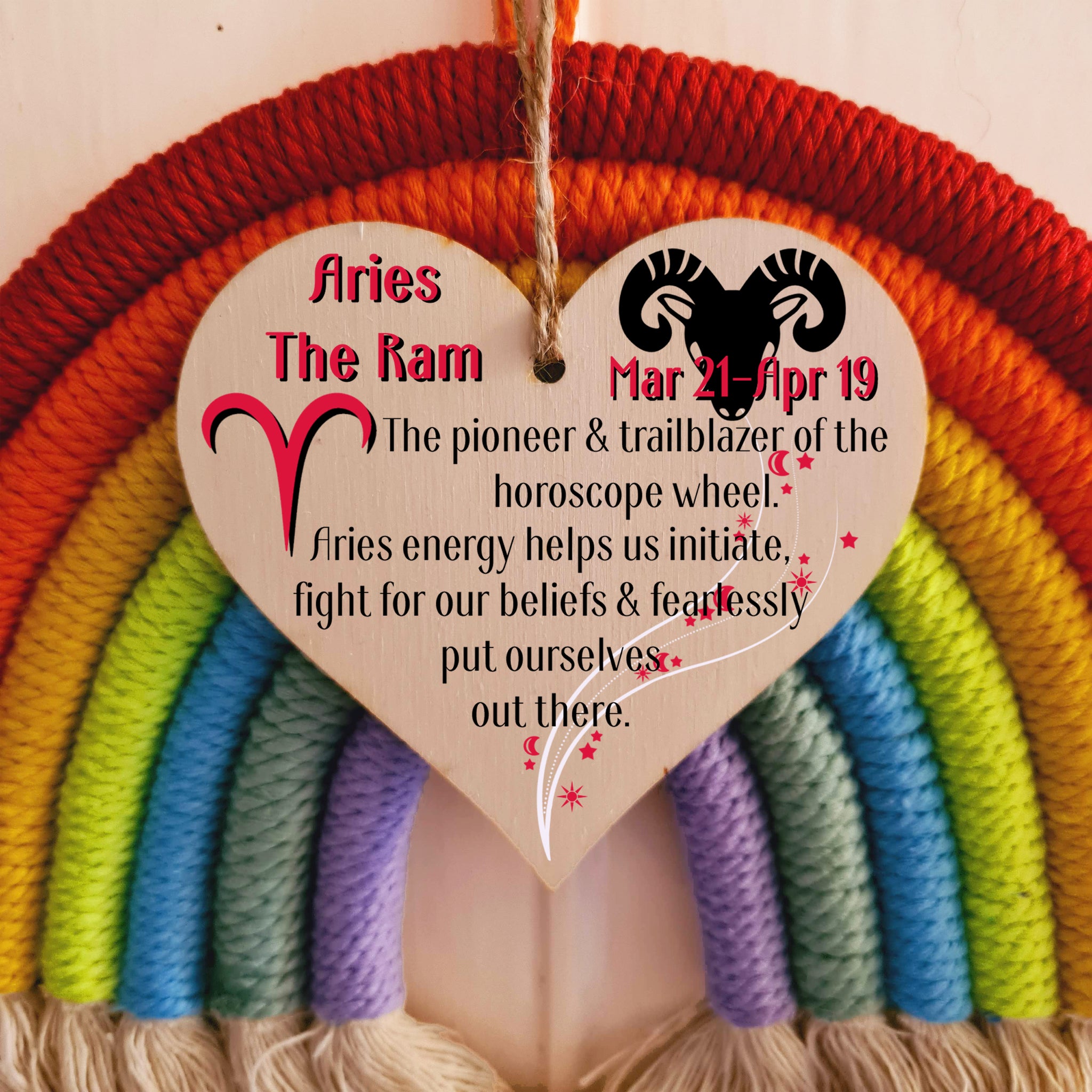 Handmade Wooden Hanging Heart Plaque Gift Signs of the Zodiac Aries Astrological Star Sign Keepsake Card Alternative