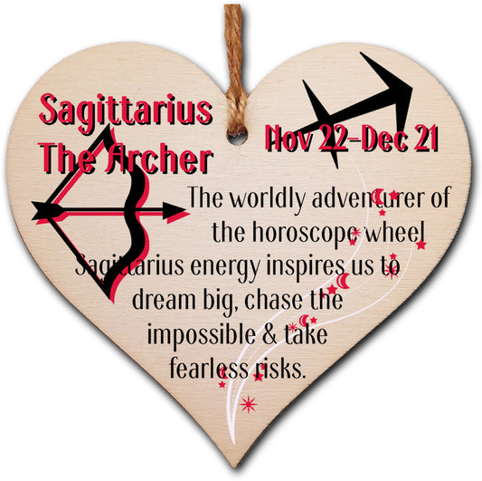 Handmade Wooden Hanging Heart Plaque Gift Signs of the Zodiac Sagittarius Astrological Star Sign Keepsake Card Alternative
