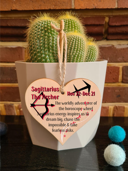 Handmade Wooden Hanging Heart Plaque Gift Signs of the Zodiac Sagittarius Astrological Star Sign Keepsake Card Alternative