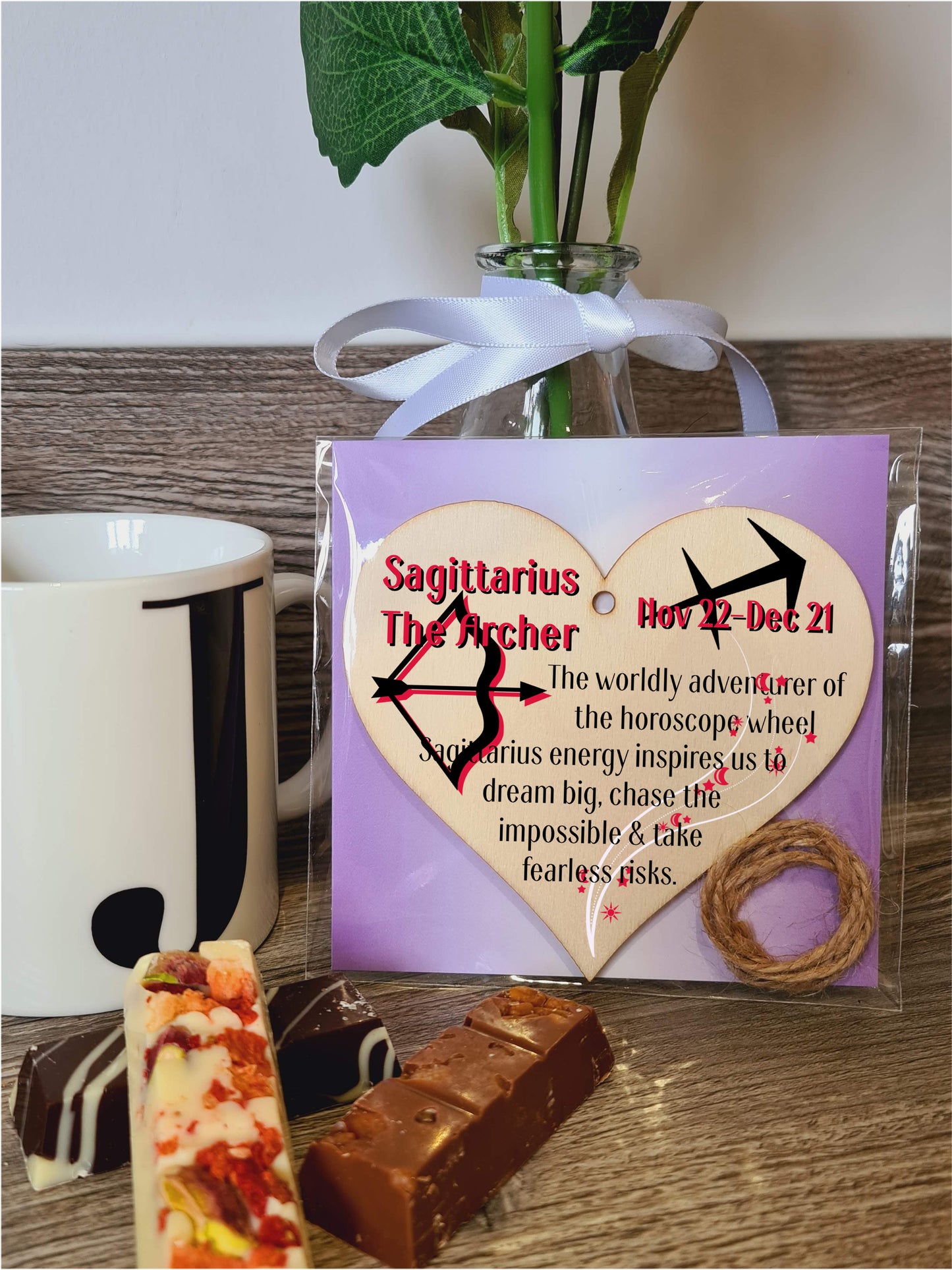 Handmade Wooden Hanging Heart Plaque Gift Signs of the Zodiac Sagittarius Astrological Star Sign Keepsake Card Alternative