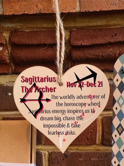Handmade Wooden Hanging Heart Plaque Gift Signs of the Zodiac Sagittarius Astrological Star Sign Keepsake Card Alternative