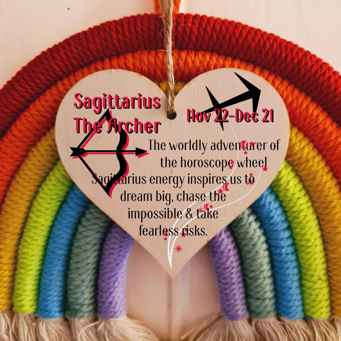 Handmade Wooden Hanging Heart Plaque Gift Signs of the Zodiac Sagittarius Astrological Star Sign Keepsake Card Alternative