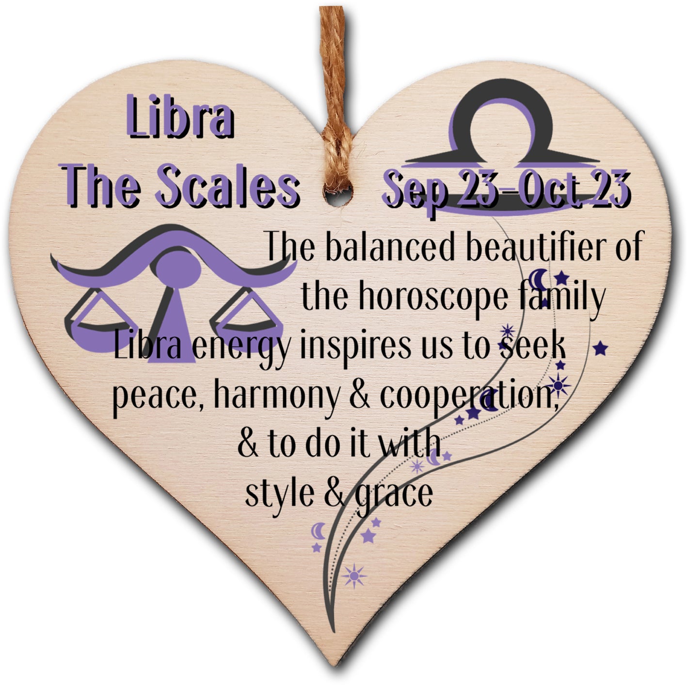 Handmade Wooden Hanging Heart Plaque Gift Signs of the Zodiac Libra Astrological Star Sign Keepsake Card Alternative