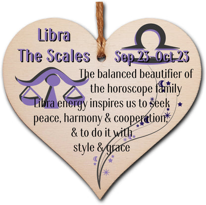 Handmade Wooden Hanging Heart Plaque Gift Signs of the Zodiac Libra Astrological Star Sign Keepsake Card Alternative
