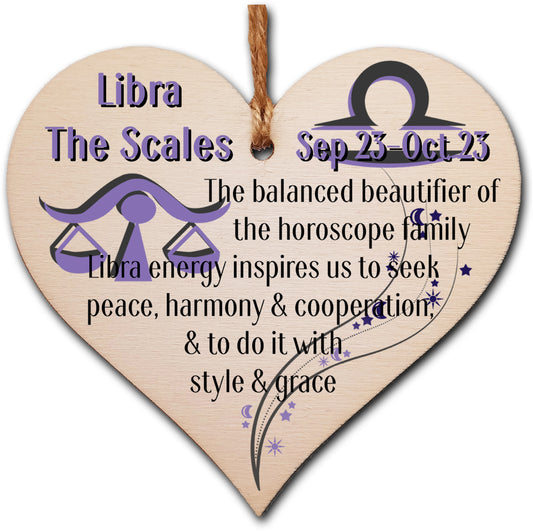 Handmade Wooden Hanging Heart Plaque Gift Signs of the Zodiac Libra Astrological Star Sign Keepsake Card Alternative