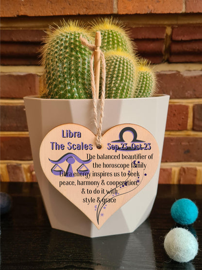 Handmade Wooden Hanging Heart Plaque Gift Signs of the Zodiac Libra Astrological Star Sign Keepsake Card Alternative