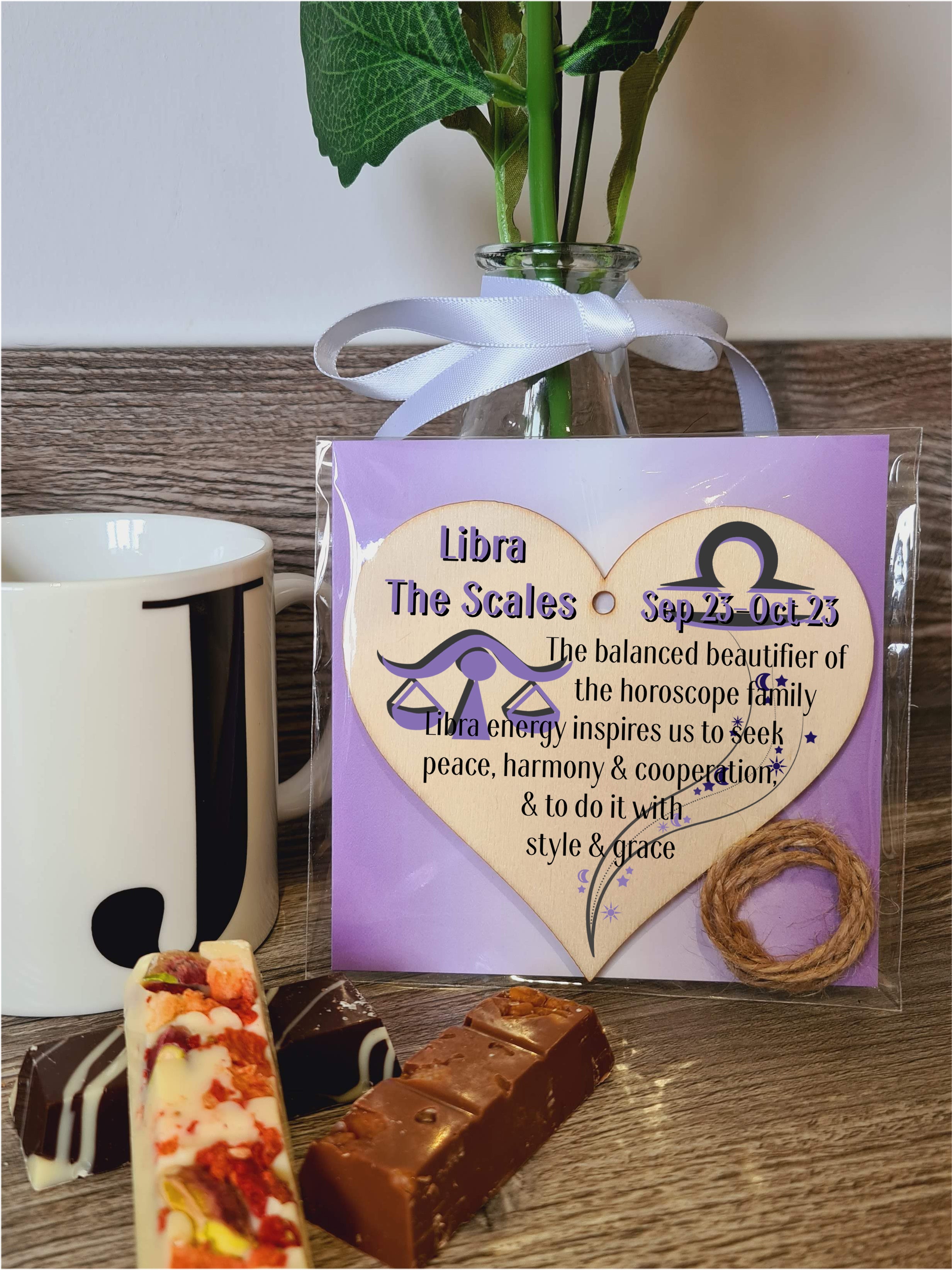 Handmade Wooden Hanging Heart Plaque Gift Signs of the Zodiac Libra Astrological Star Sign Keepsake Card Alternative