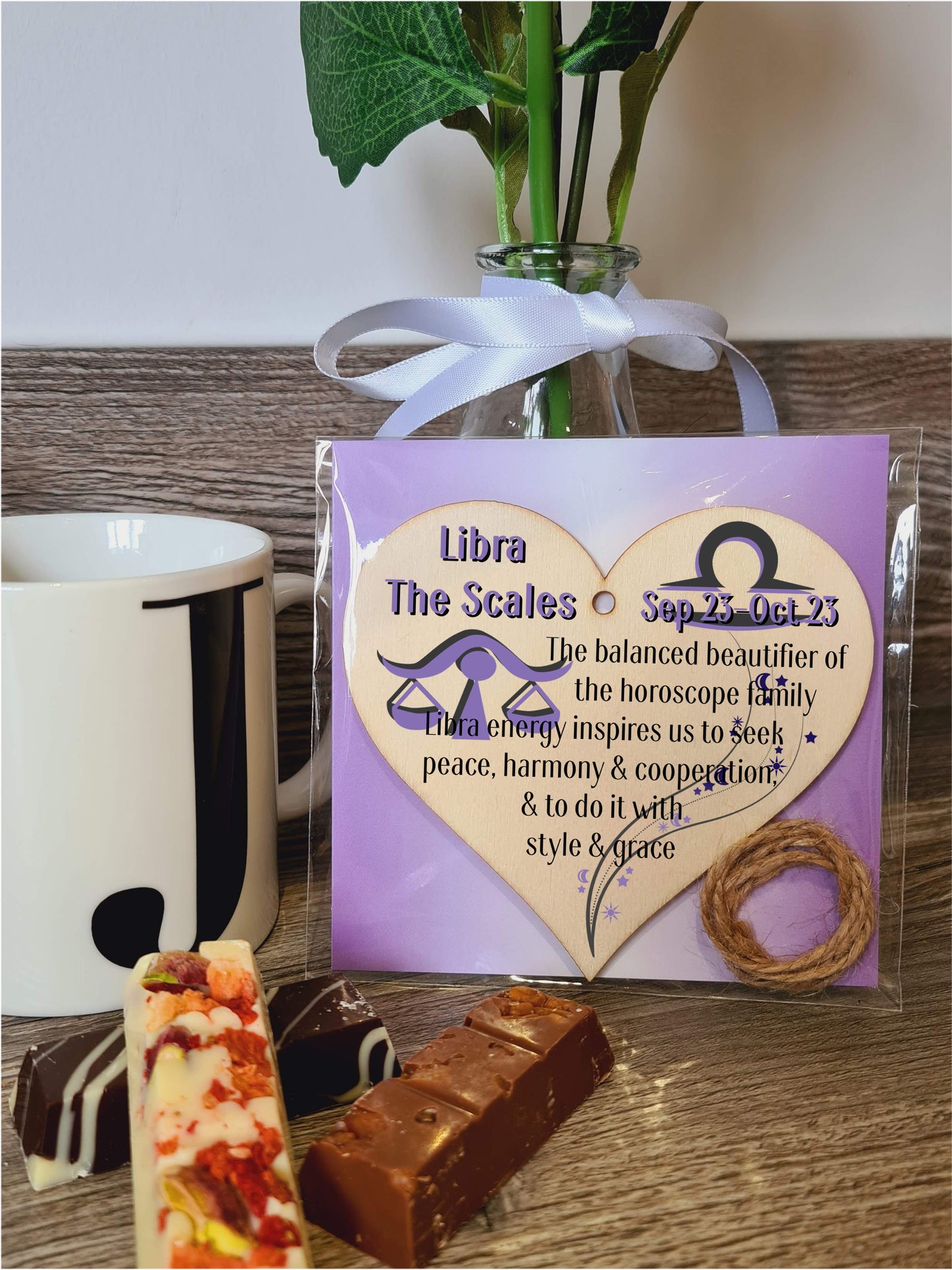 Handmade Wooden Hanging Heart Plaque Gift Signs of the Zodiac Libra Astrological Star Sign Keepsake Card Alternative