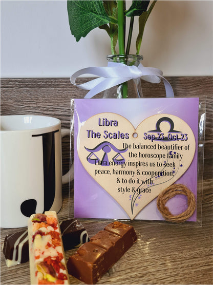 Handmade Wooden Hanging Heart Plaque Gift Signs of the Zodiac Libra Astrological Star Sign Keepsake Card Alternative
