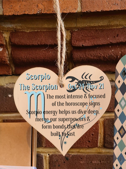 Handmade Wooden Hanging Heart Plaque Gift Signs of the Zodiac Scorpio Astrological Star Sign Keepsake Card Alternative