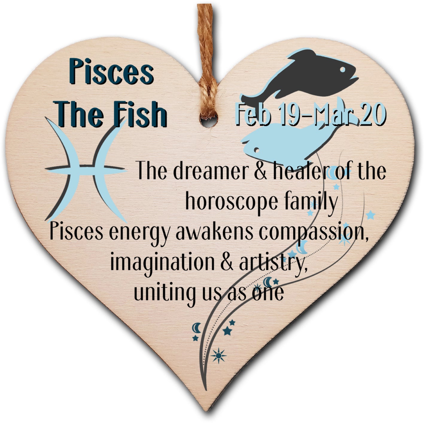 Handmade Wooden Hanging Heart Plaque Gift Signs of the Zodiac Pisces Astrological Star Sign Keepsake Card Alternative