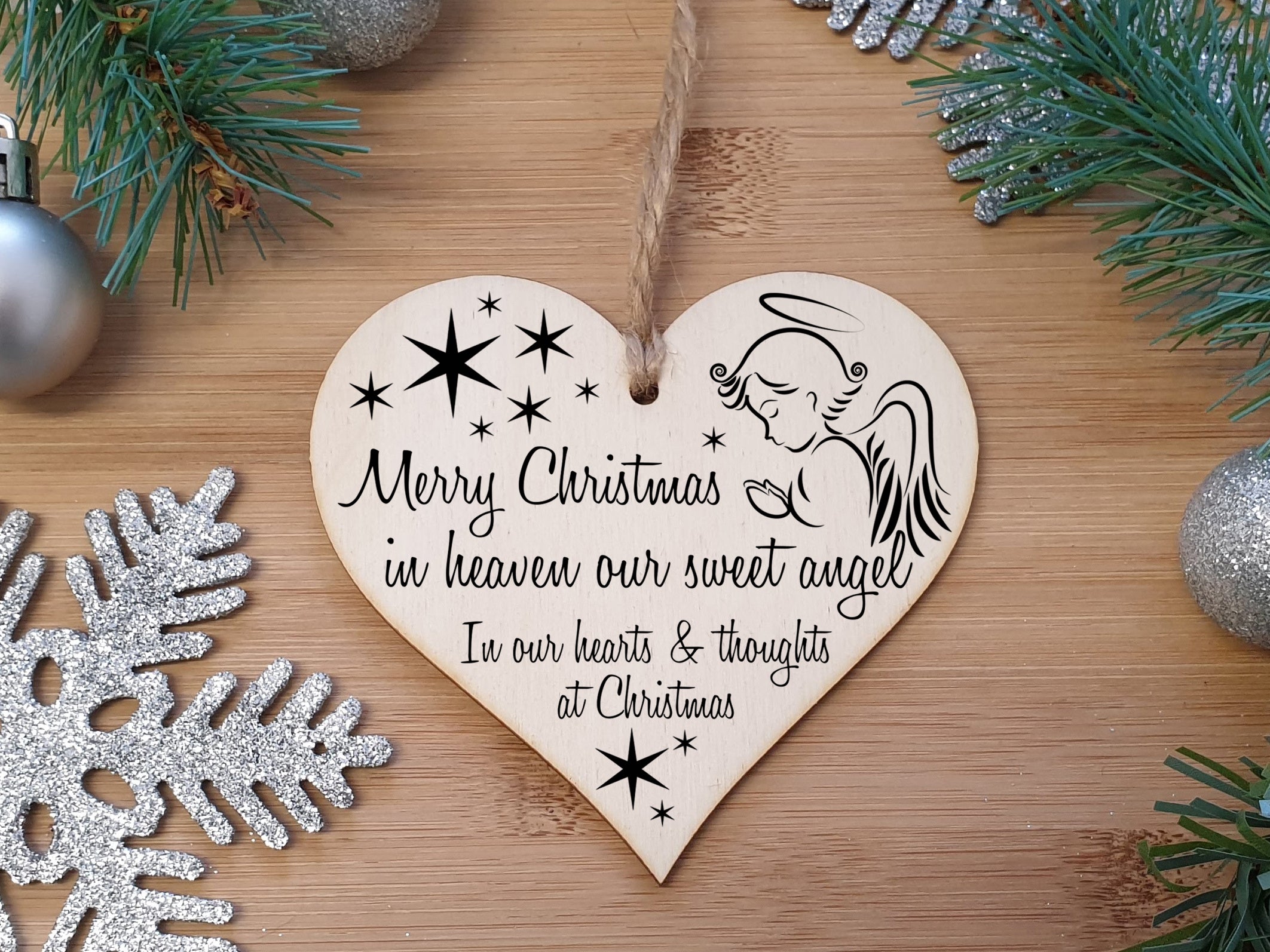 Handmade Christmas Hanging Wooden Heart Plaque Decoration Gift to Remember Lost Loved Ones festive bauble