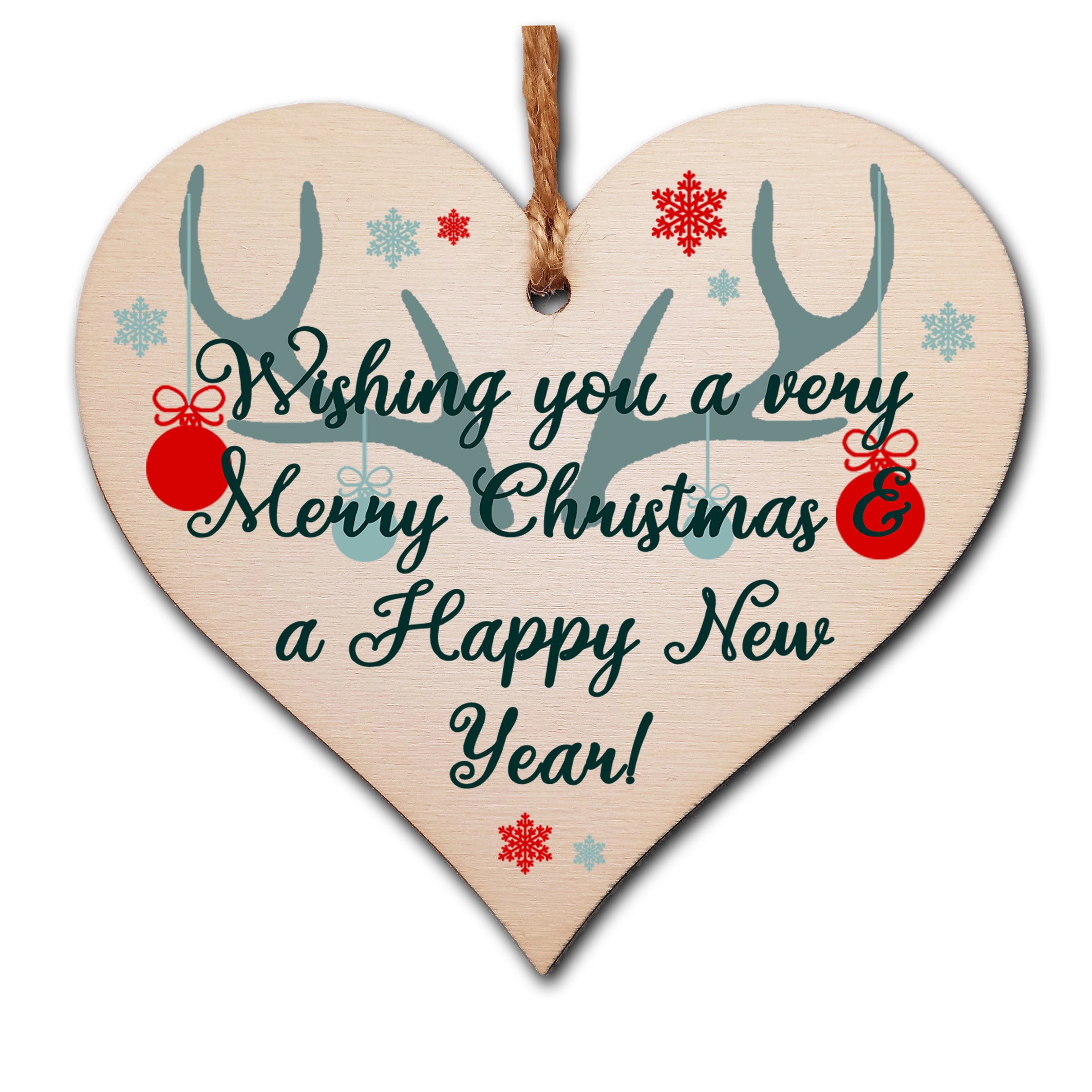 Handmade Christmas Hanging Wooden Heart Plaque Decoration Gift or Tag Antlers & Baubles to wish someone special a merry xmas festive