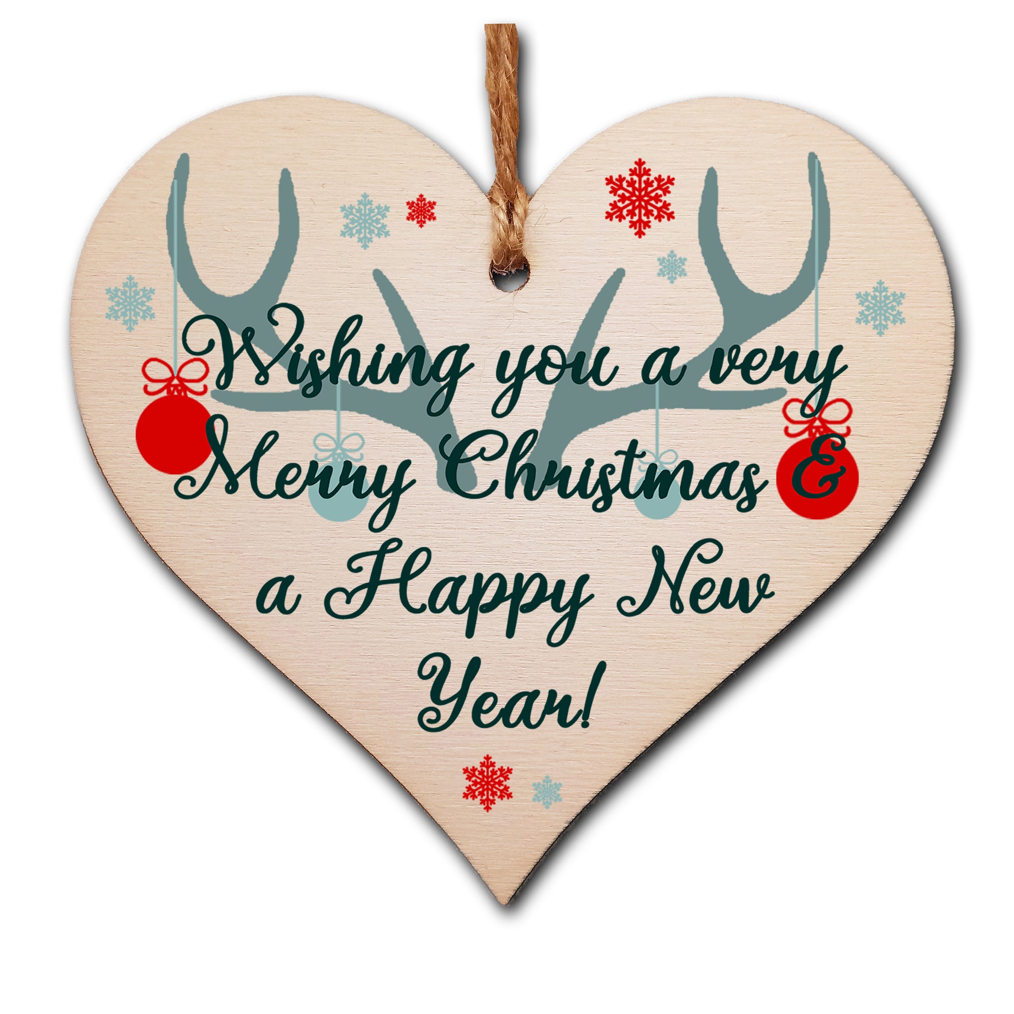 Handmade Christmas Hanging Wooden Heart Plaque Decoration Gift or Tag Antlers & Baubles to wish someone special a merry xmas festive