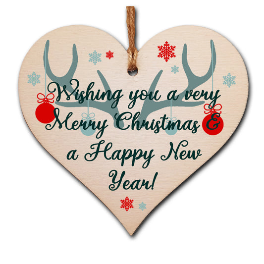 Handmade Christmas Hanging Wooden Heart Plaque Decoration Gift or Tag Antlers & Baubles to wish someone special a merry xmas festive