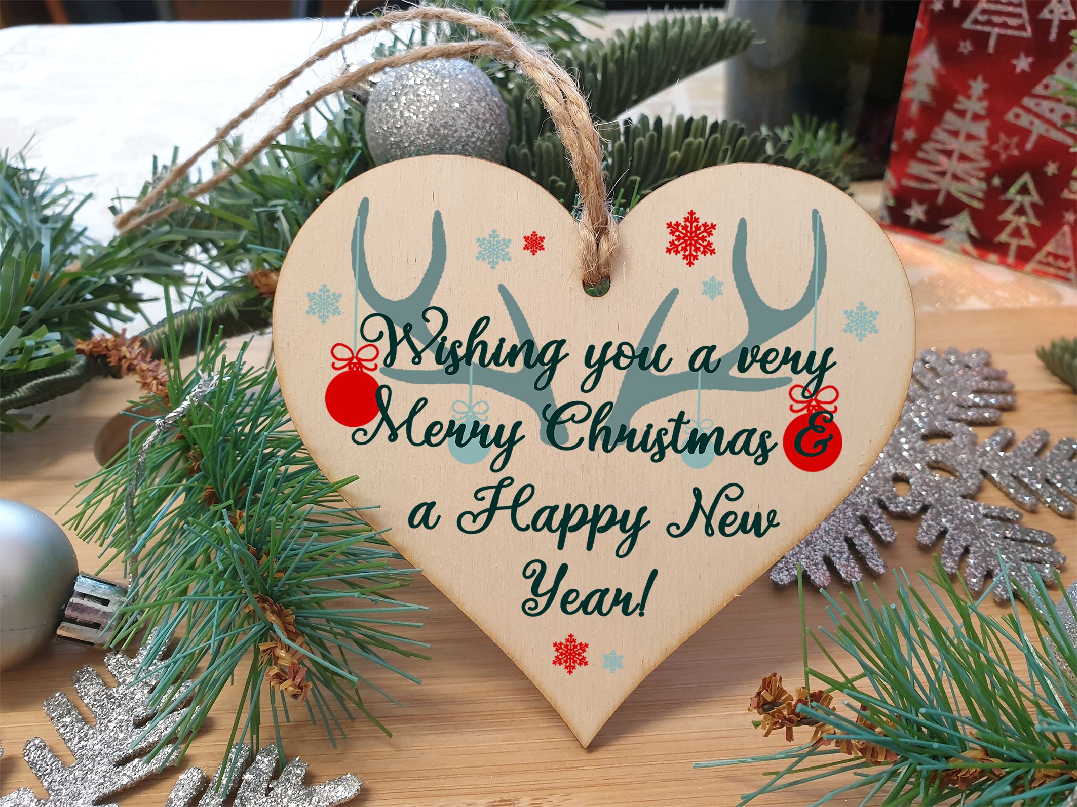 Handmade Christmas Hanging Wooden Heart Plaque Decoration Gift or Tag Antlers & Baubles to wish someone special a merry xmas festive