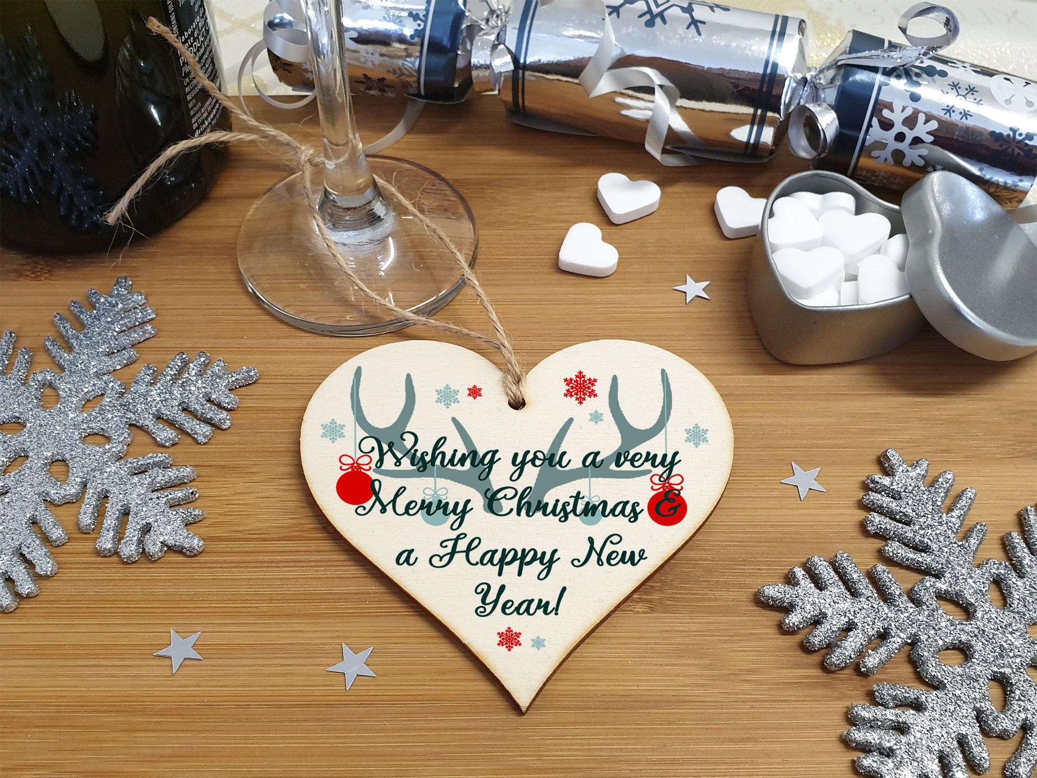 Handmade Christmas Hanging Wooden Heart Plaque Decoration Gift or Tag Antlers & Baubles to wish someone special a merry xmas festive