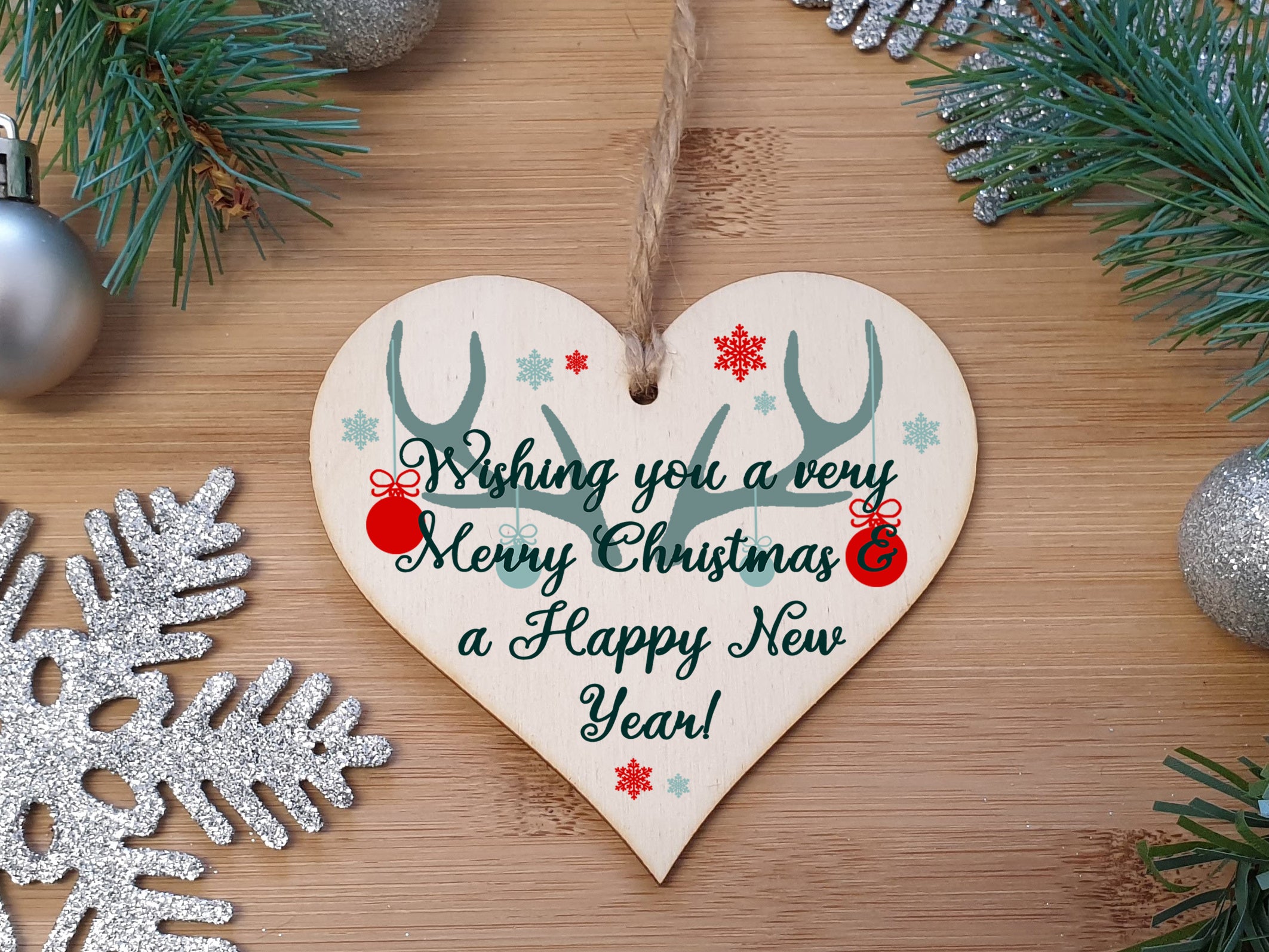 Handmade Christmas Hanging Wooden Heart Plaque Decoration Gift or Tag Antlers & Baubles to wish someone special a merry xmas festive
