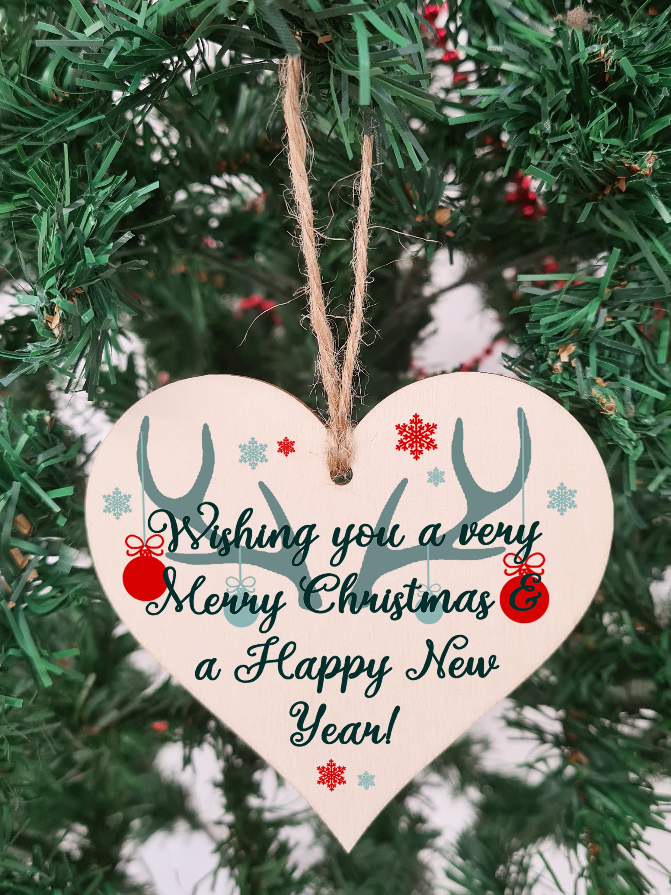 Handmade Christmas Hanging Wooden Heart Plaque Decoration Gift or Tag Antlers & Baubles to wish someone special a merry xmas festive