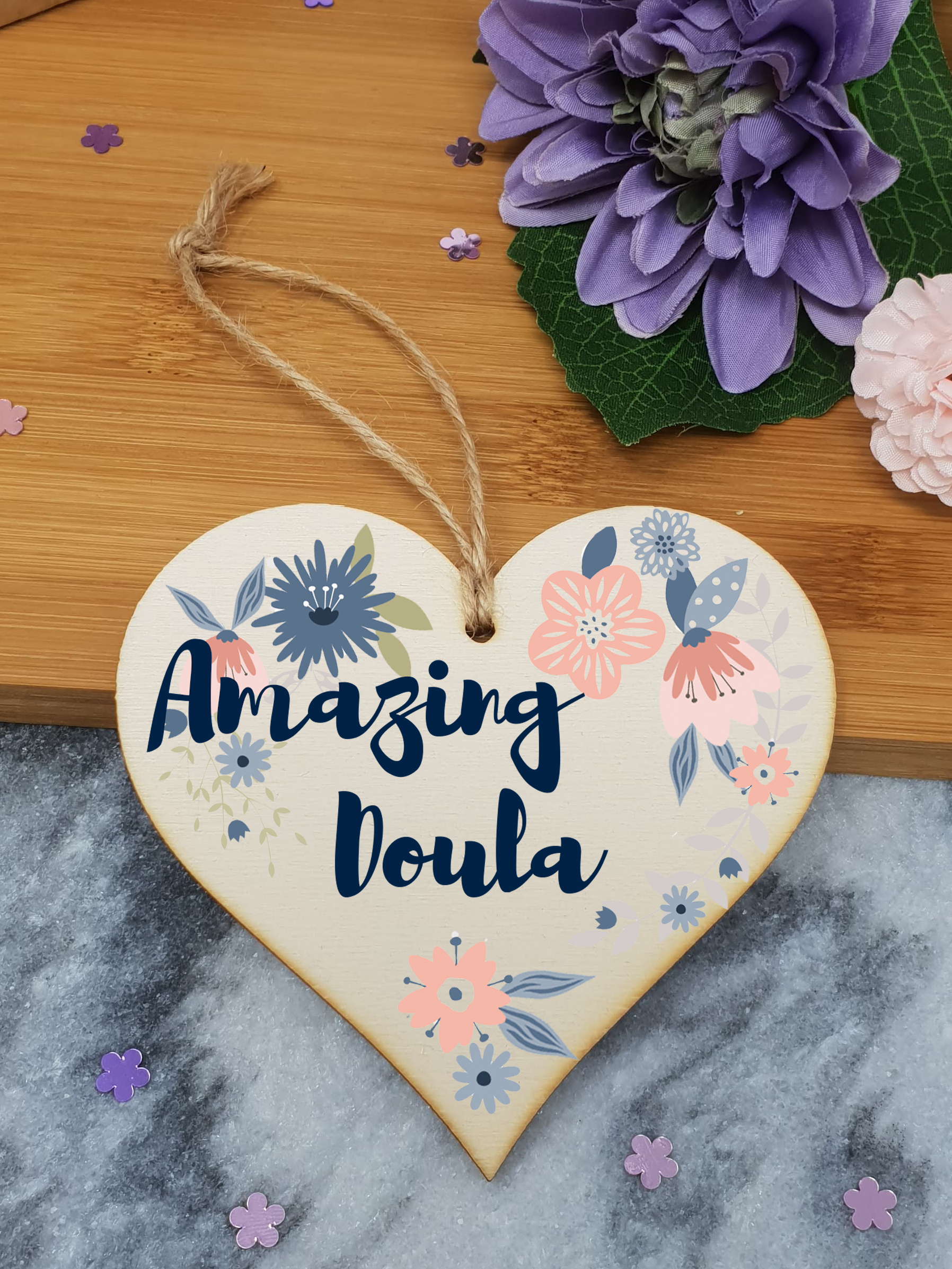 Handmade Wooden Hanging Heart Plaque Gift Amazing Doula Thank You Special Someone Present Floral Style from new mum parents