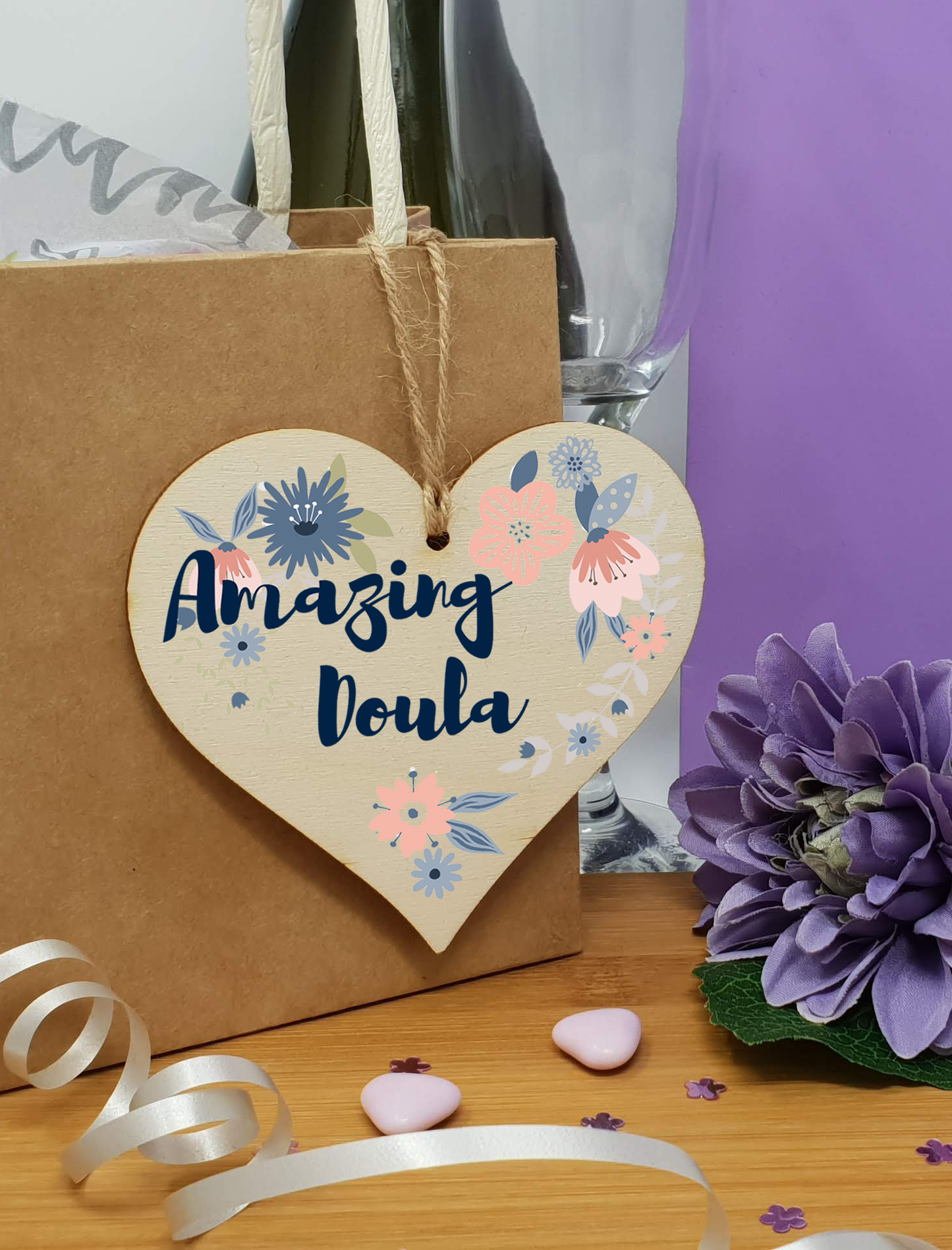 Handmade Wooden Hanging Heart Plaque Gift Amazing Doula Thank You Special Someone Present Floral Style from new mum parents