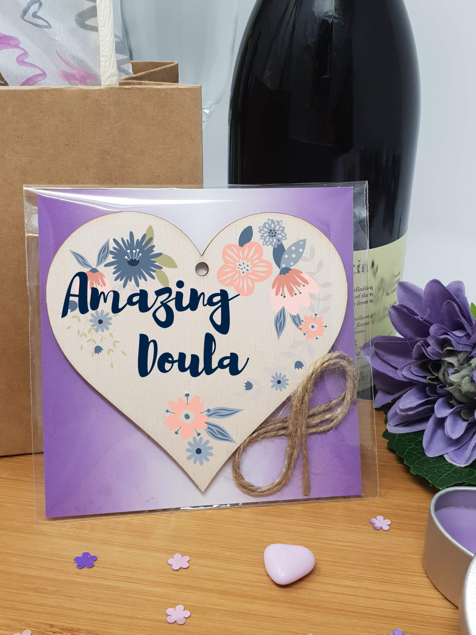 Handmade Wooden Hanging Heart Plaque Gift Amazing Doula Thank You Special Someone Present Floral Style from new mum parents