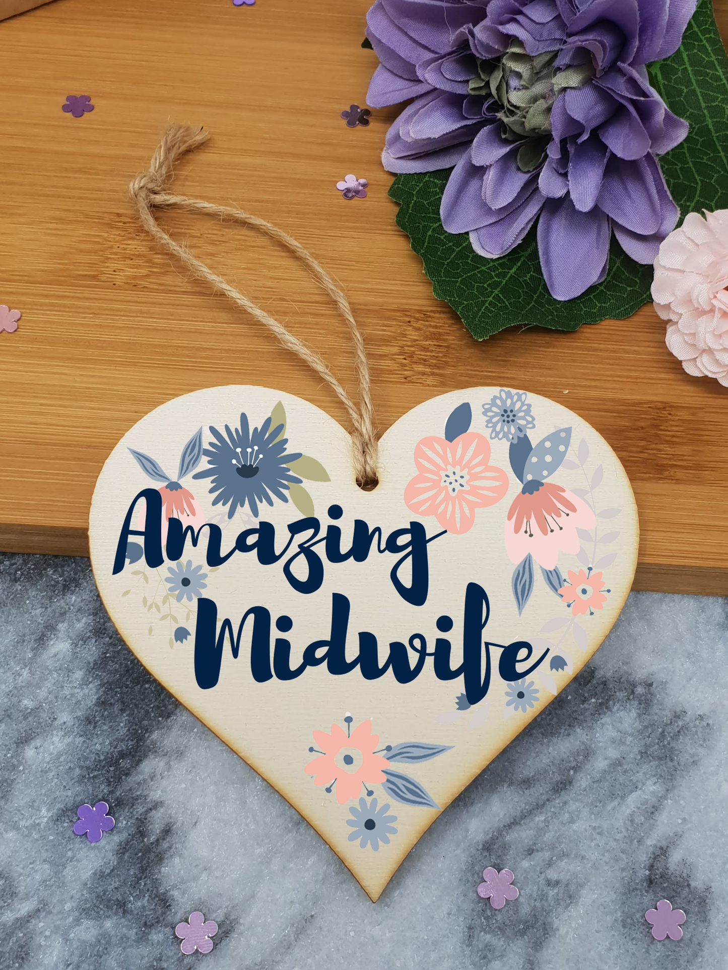 Handmade Wooden Hanging Heart Plaque Gift Amazing Midwife Thank You Special Someone Present Floral Style from new mum parents