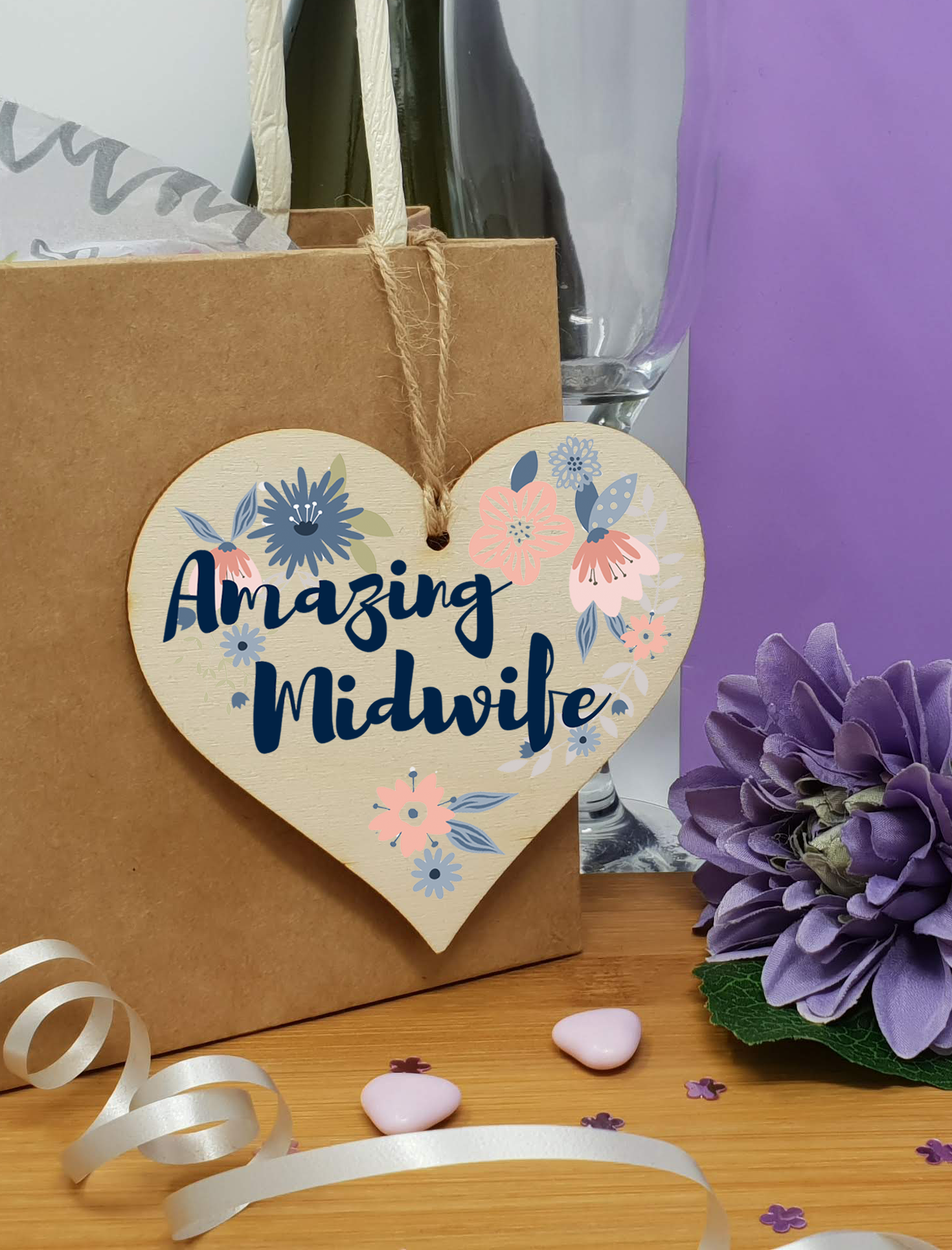Handmade Wooden Hanging Heart Plaque Gift Amazing Midwife Thank You Special Someone Present Floral Style from new mum parents