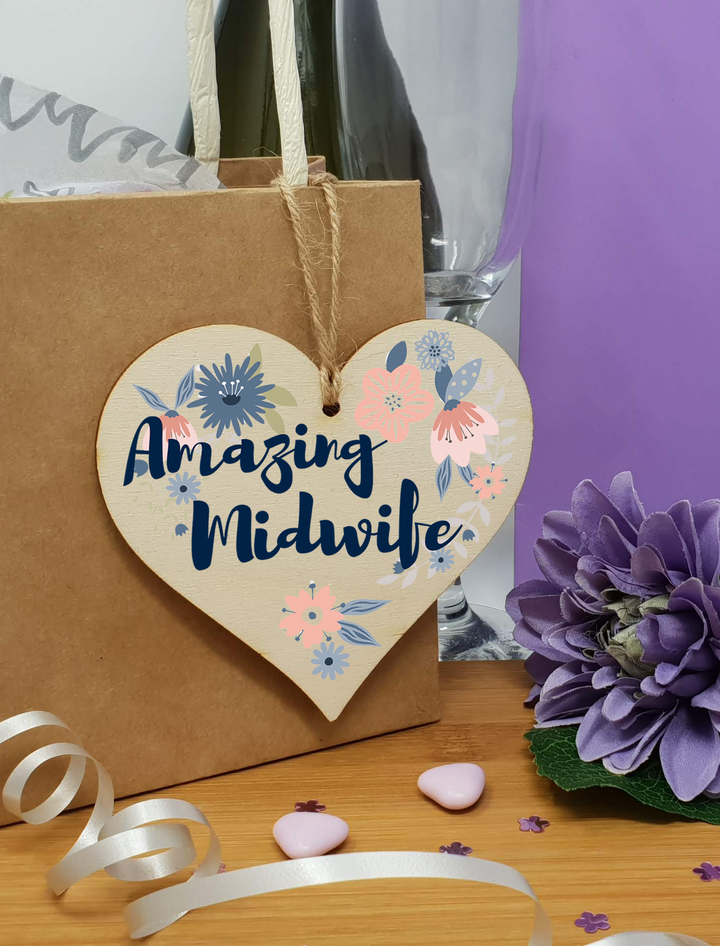 Handmade Wooden Hanging Heart Plaque Gift Amazing Midwife Thank You Special Someone Present Floral Style from new mum parents