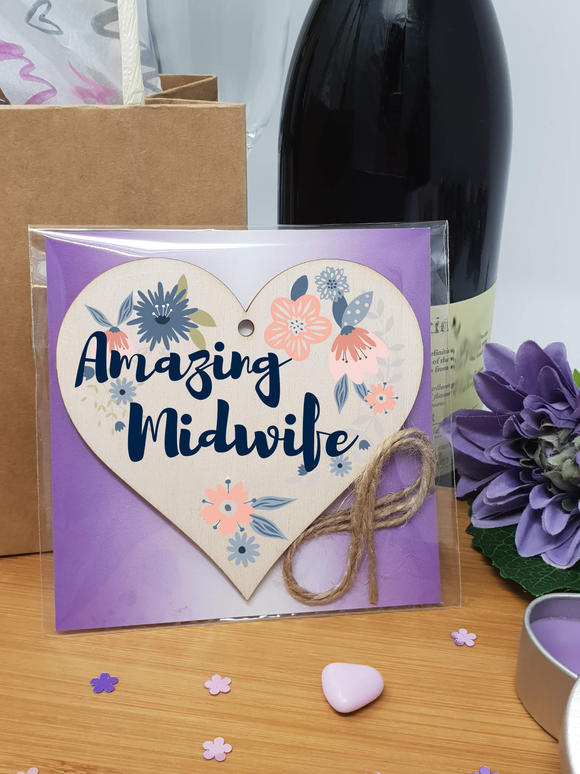 Handmade Wooden Hanging Heart Plaque Gift Amazing Midwife Thank You Special Someone Present Floral Style from new mum parents