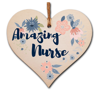 Handmade Wooden Hanging Heart Plaque Gift Amazing Nurse Thank You Special Someone Present Floral Style Card Alternative