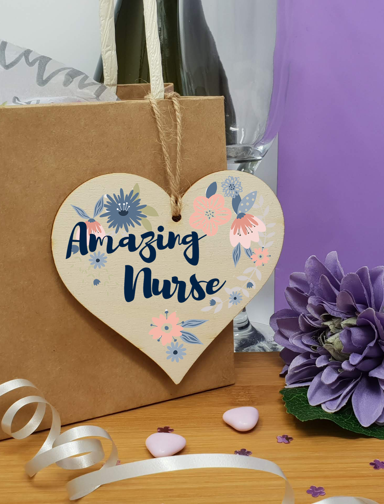 Handmade Wooden Hanging Heart Plaque Gift Amazing Nurse Thank You Special Someone Present Floral Style Card Alternative