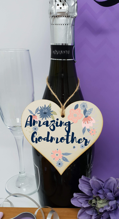 Handmade Wooden Hanging Heart Plaque Gift Amazing Godmother Thank You Special Someone Present Floral Style from new mum parents