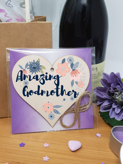 Handmade Wooden Hanging Heart Plaque Gift Amazing Godmother Thank You Special Someone Present Floral Style from new mum parents