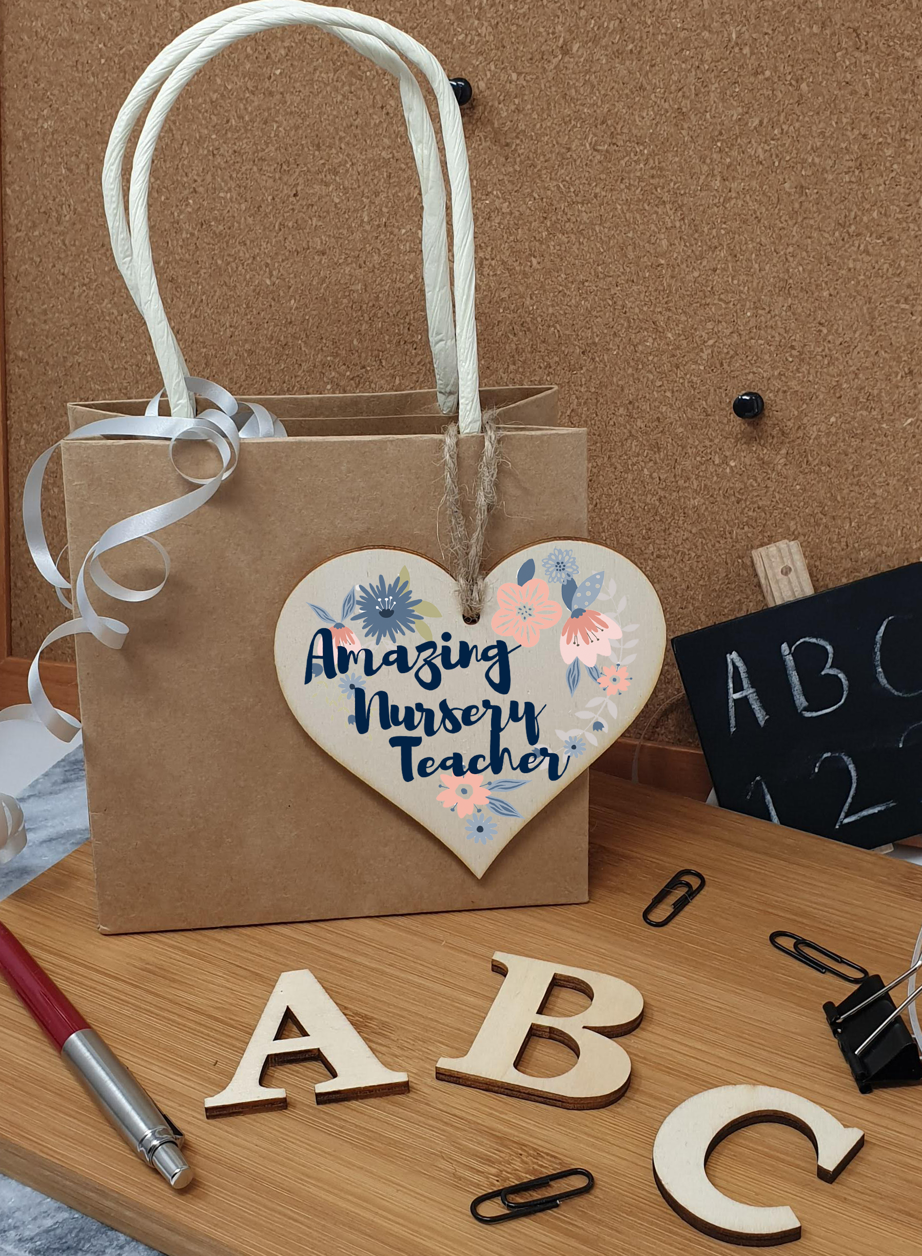 Handmade Wooden Hanging Heart Plaque Gift Amazing Nursery Teacher Thank You Special Someone Floral Style Present from child