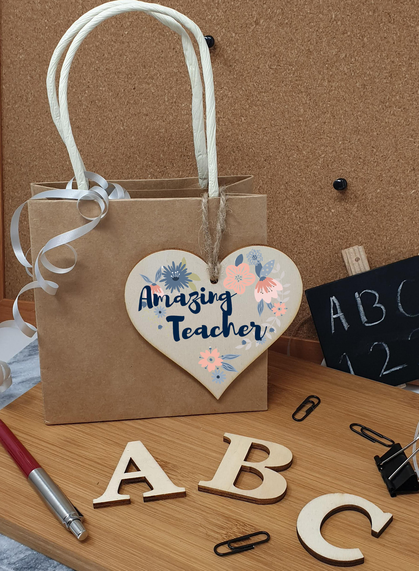 Handmade Wooden Hanging Heart Plaque Gift Amazing Teacher Thank You Special Someone Floral Style Present from child