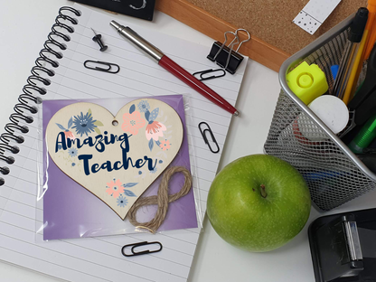 Handmade Wooden Hanging Heart Plaque Gift Amazing Teacher Thank You Special Someone Floral Style Present from child