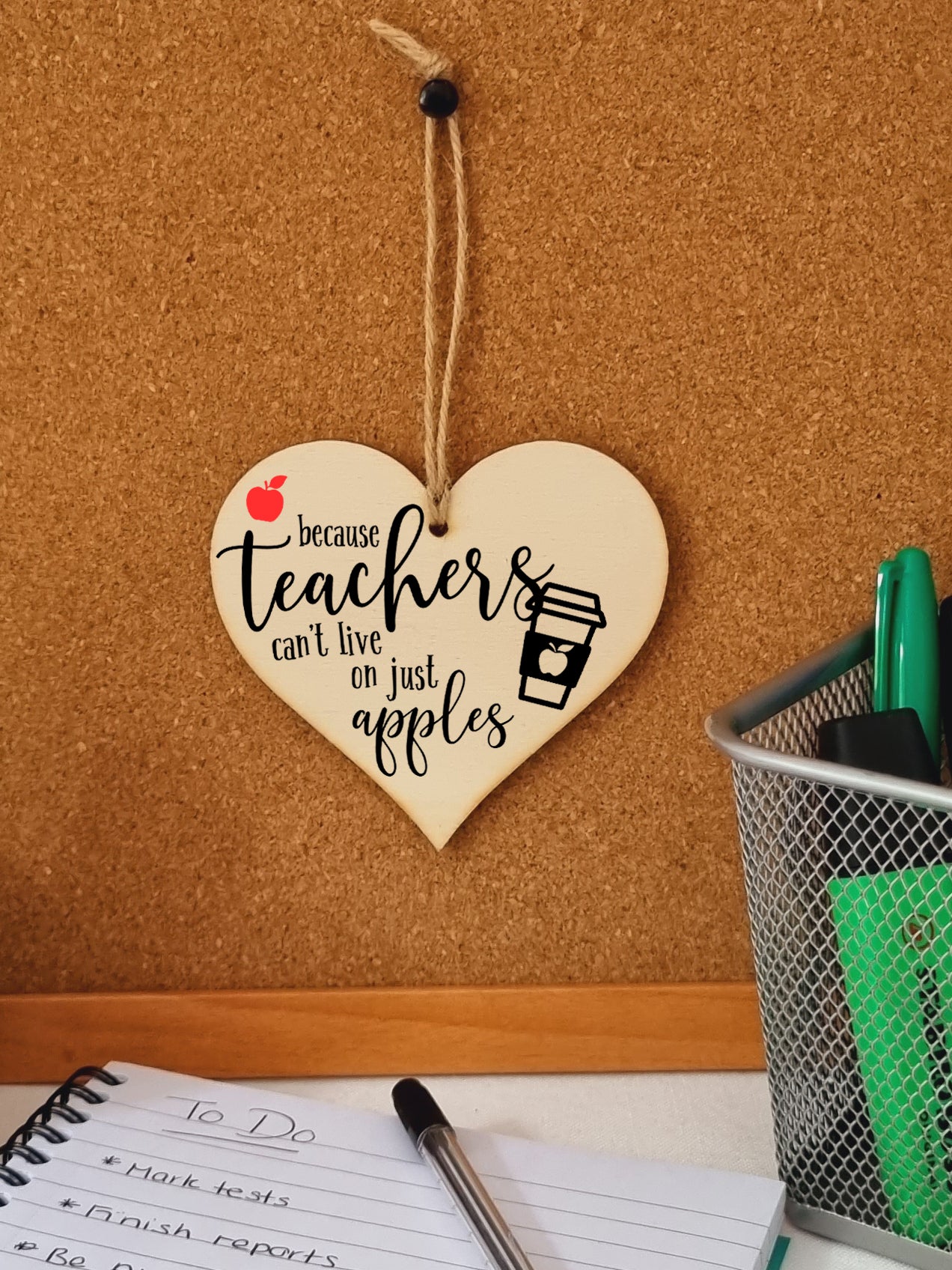 Teachers Can't Live On Apples Coffee Funny Thank You Hanging Heart Wooden End of Term Gift Card Alternative Teacher