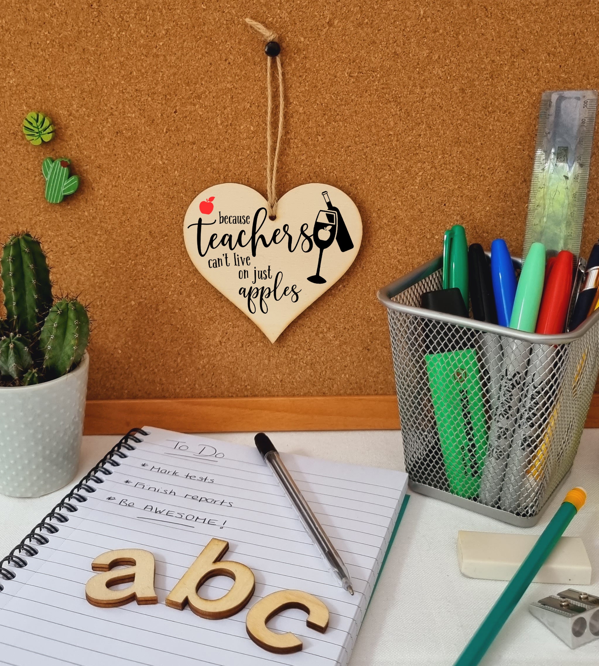 Teachers Can't Live On Apples Wine Funny Thank You Hanging Heart Wooden End of Term Gift Card Alternative Teacher