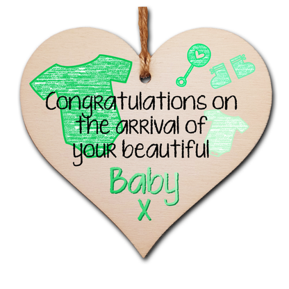 Handmade Wooden Hanging Heart Plaque Gift Congratulations on the arrival of your beautiful baby new baby present new parents green gender neutral nursery wall decoration crayon style