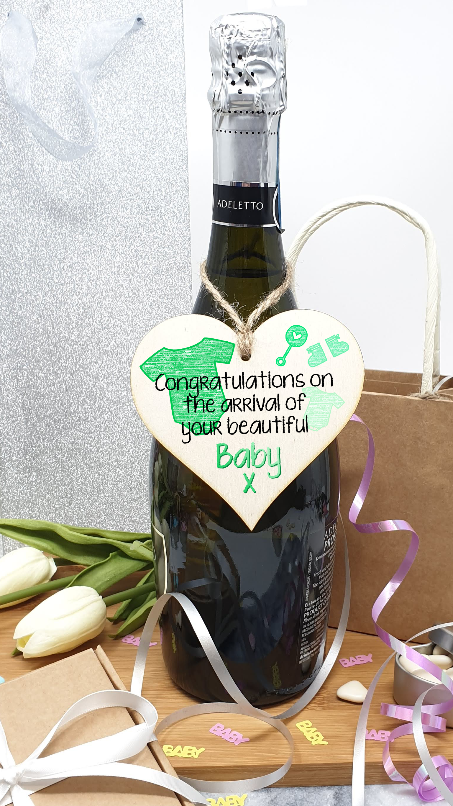 Handmade Wooden Hanging Heart Plaque Gift Congratulations on the arrival of your beautiful baby new baby present new parents green gender neutral nursery wall decoration crayon style