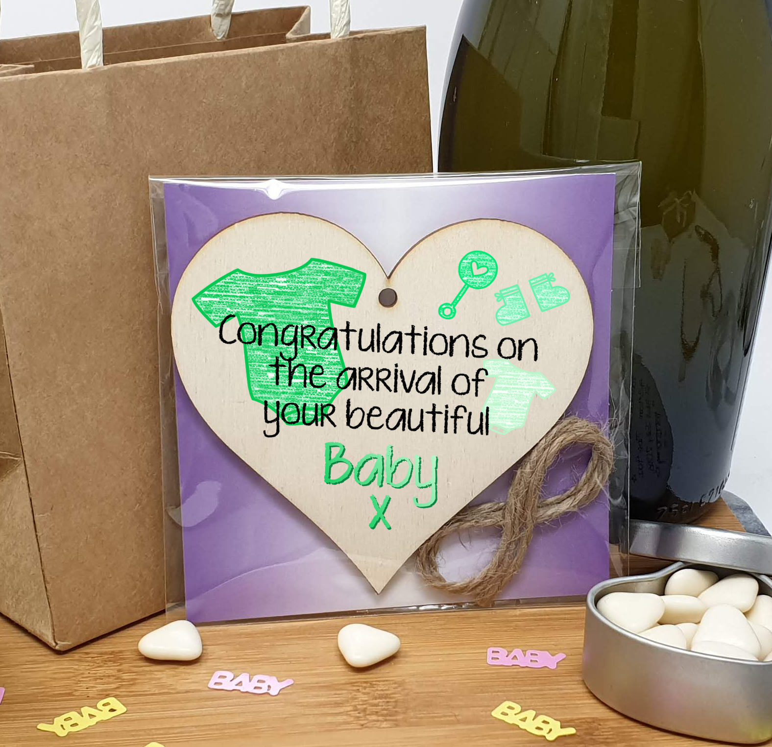 Handmade Wooden Hanging Heart Plaque Gift Congratulations on the arrival of your beautiful baby new baby present new parents green gender neutral nursery wall decoration crayon style