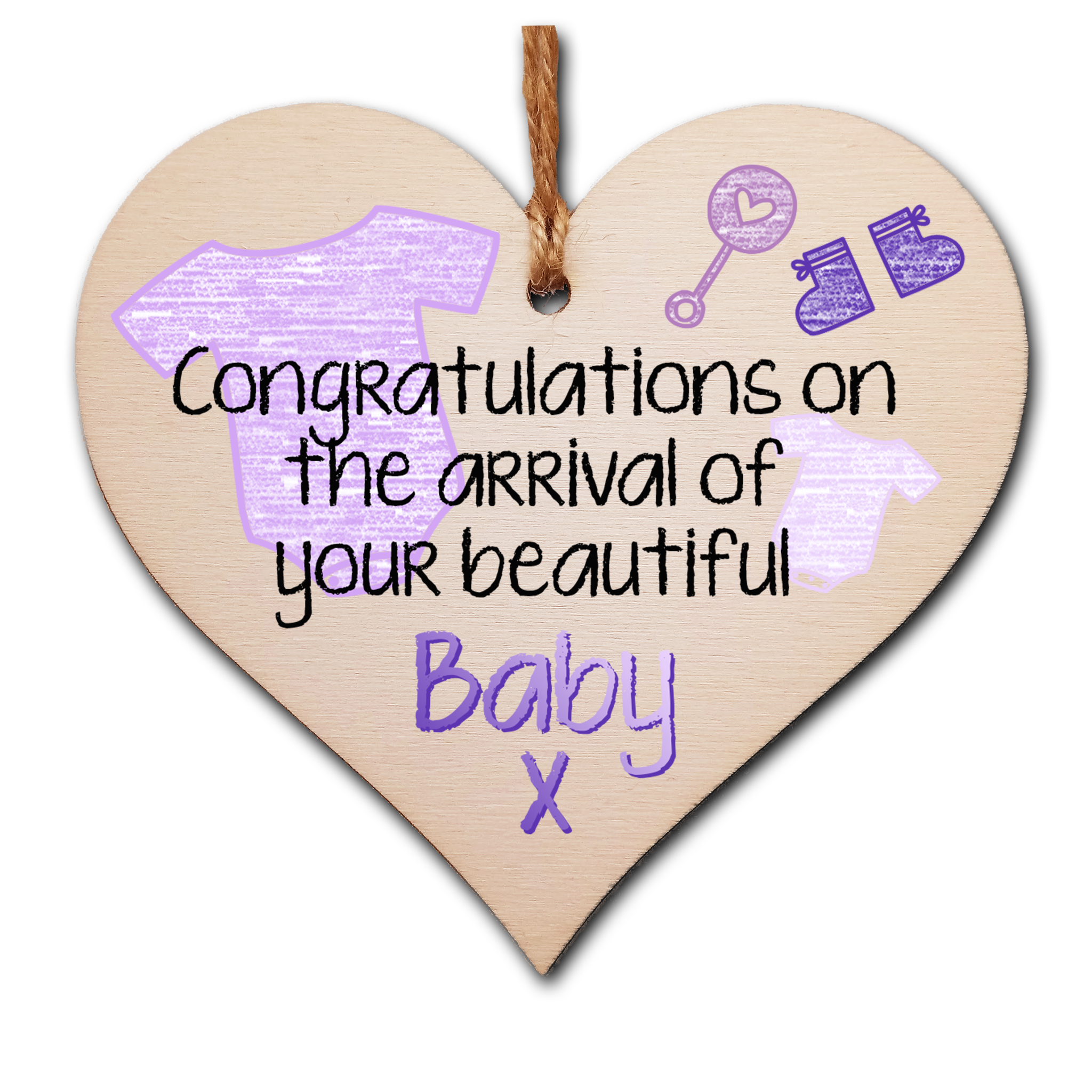 Handmade Wooden Hanging Heart Plaque Gift Congratulations on the arrival of your beautiful baby new baby present new parents lilac gender neutral nursery wall decoration crayon style