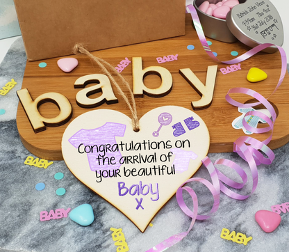 Handmade Wooden Hanging Heart Plaque Gift Congratulations on the arrival of your beautiful baby new baby present new parents lilac gender neutral nursery wall decoration crayon style
