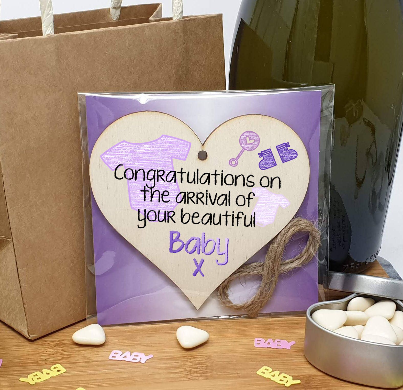 Handmade Wooden Hanging Heart Plaque Gift Congratulations on the arrival of your beautiful baby new baby present new parents lilac gender neutral nursery wall decoration crayon style