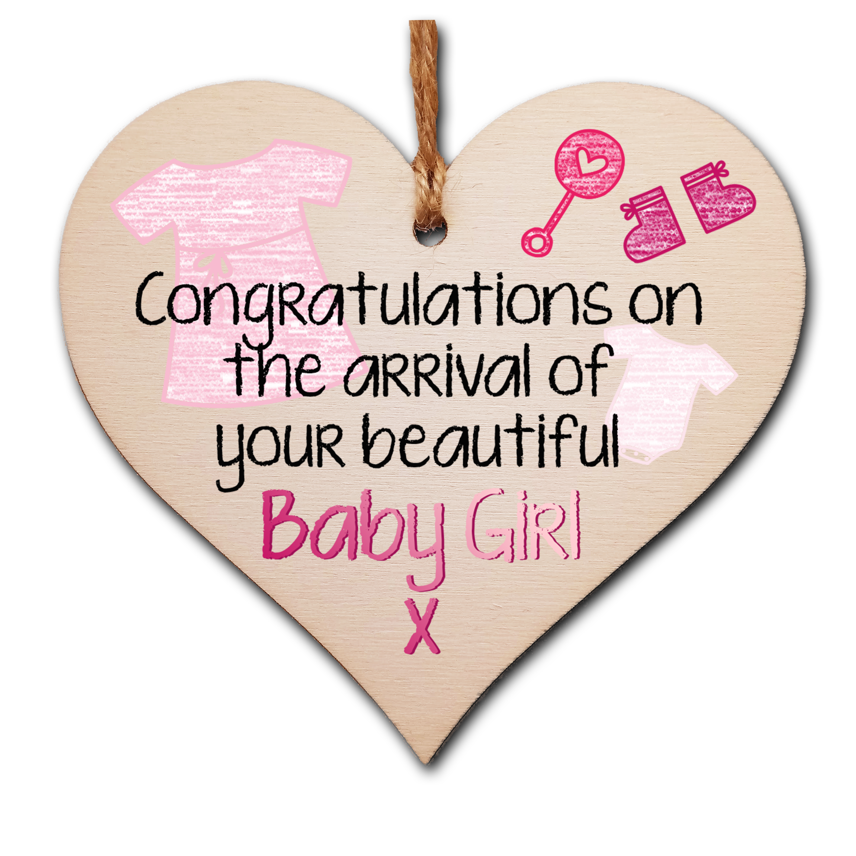 Handmade Wooden Hanging Heart Plaque Gift Congratulations on the arrival of your beautiful baby girl new baby present new parents pink nursery wall decoration crayon style