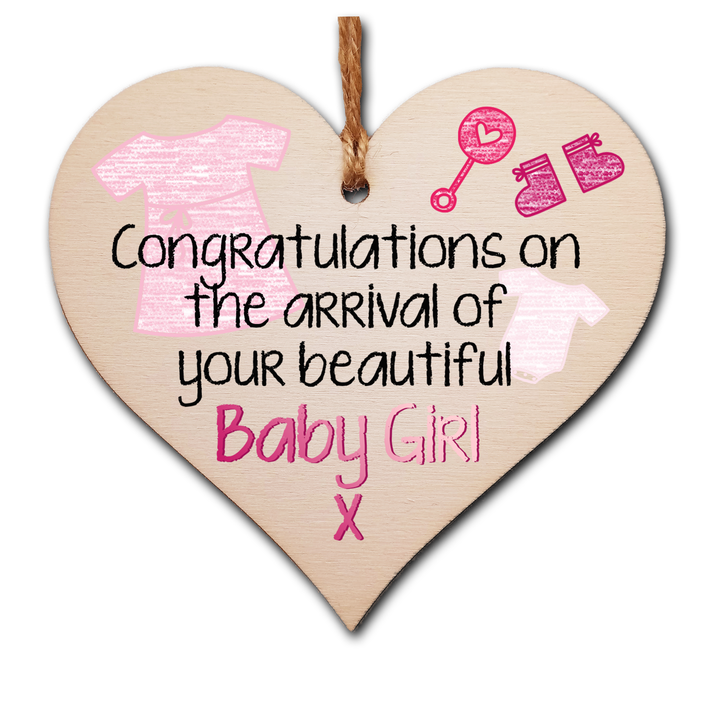 Handmade Wooden Hanging Heart Plaque Gift Congratulations on the arrival of your beautiful baby girl new baby present new parents pink nursery wall decoration crayon style